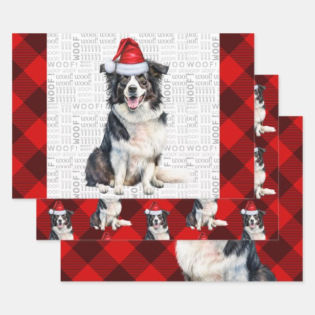 Border Collie Red Buffalo Plaid Christmas Wrapping Paper Sheet (Set)