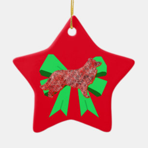 Border Collie Red Dog & Green Bow Christmas Ceramic Ornament