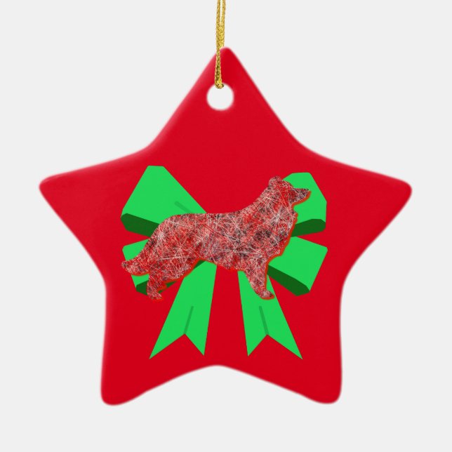 Border Collie Red Dog & Green Bow Christmas Ceramic Ornament (Front)
