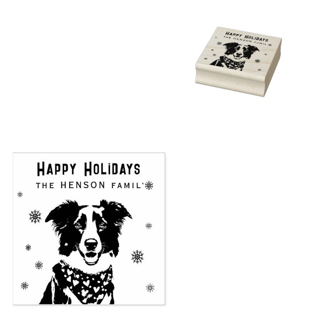Border Collie Red Heart Bandana Christmas Photo Rubber Stamp (Stamped)