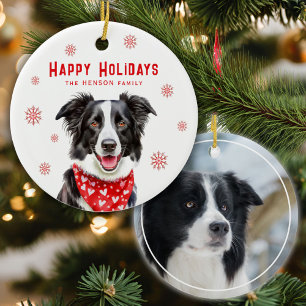 Border Collie Red Heart Bandanna Christmas Photo Ceramic Ornament