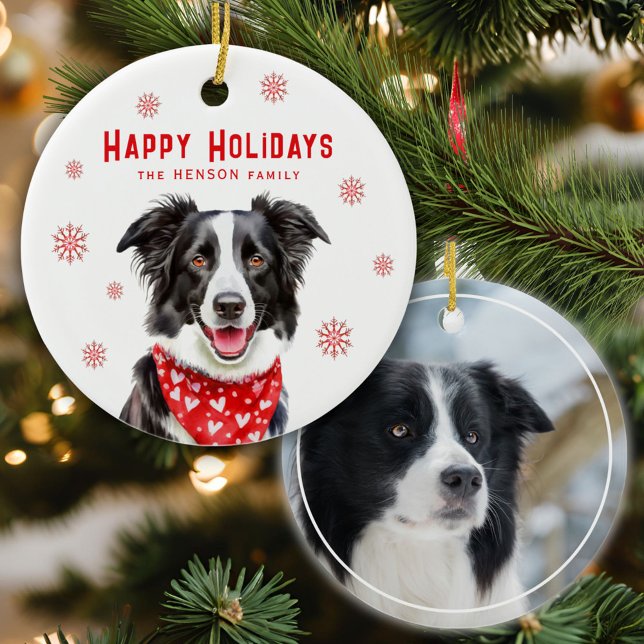 Border Collie Red Heart Bandanna Christmas Photo Ceramic Ornament (Creator Uploaded)