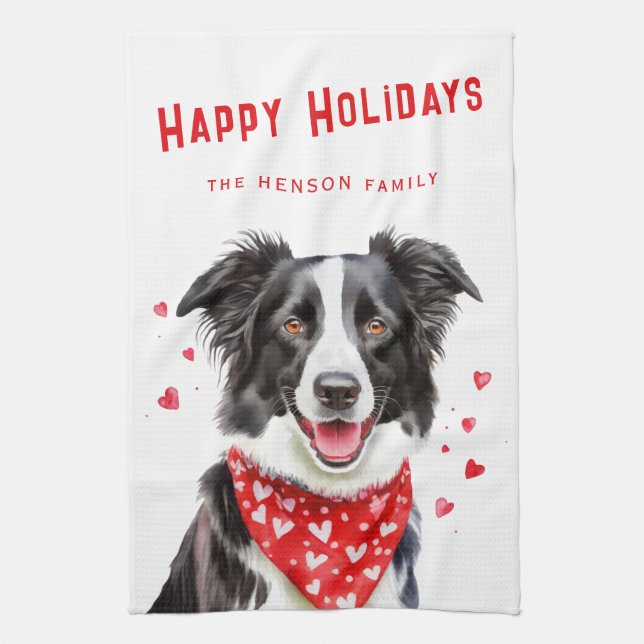 Border Collie Red Heart Bandanna Christmas  Tea Towel (Vertical)