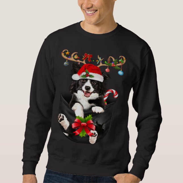 Border Collie Reindder In Pocket Christmas Dog  PJ Sweatshirt (Front)