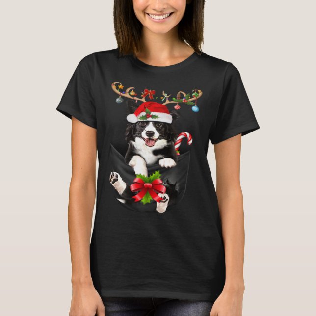 Border Collie Reindder In Pocket Christmas Dog  PJ T-Shirt (Front)