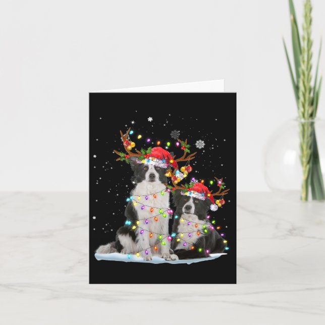 Border Collie Reindeer Santa Hat Xmas Lights Chris Card (Front)