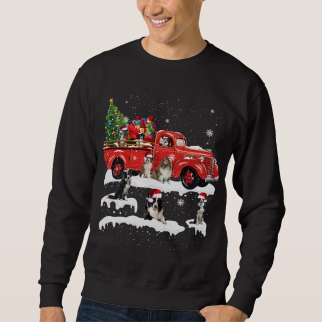 Border Collie Riding Red Truck Merry Christmas X-m Sweatshirt (Front)
