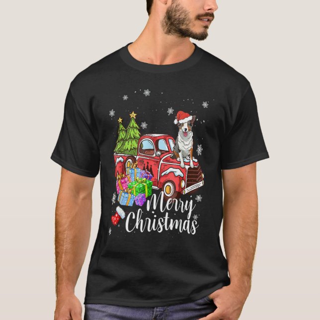Border Collie Riding Red Truck Xmas Merry Christma T-Shirt (Front)