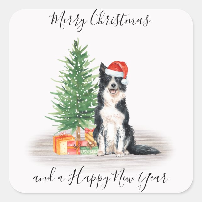 Border Collie Santa Dog Merry Christmas Square Sticker (Front)