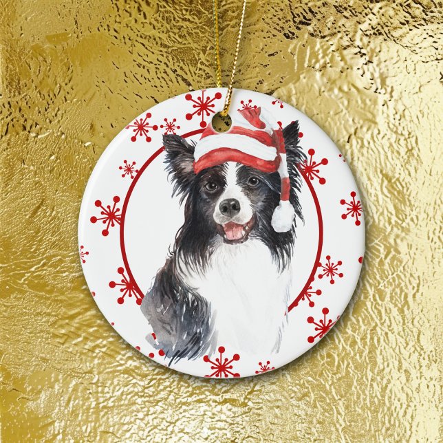 Border Collie Santa Hat Red Snowflake Template Ceramic Ornament (Creator Uploaded)