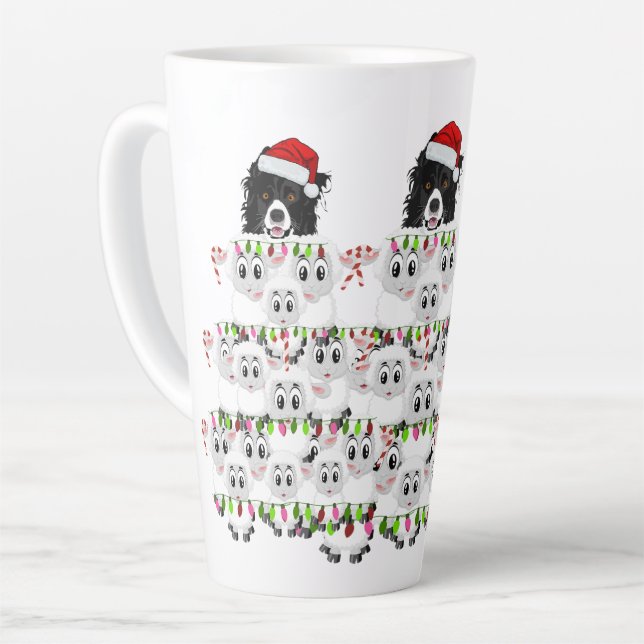 Border Collie & Sheep Christmas Tree Latte Mug (Left Angle)