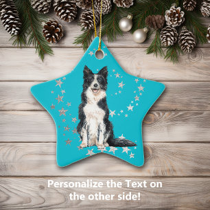 Border Collie Silver Stars Teal Christmas Ceramic Ornament