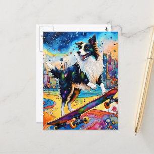 Border Collie Skateboarding Postcard