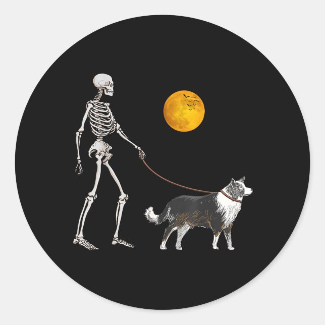 Border Collie Skeleton Dog Walking Halloween Classic Round Sticker (Front)
