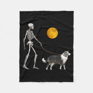 Border Collie Skeleton Dog Walking Halloween Fleece Blanket