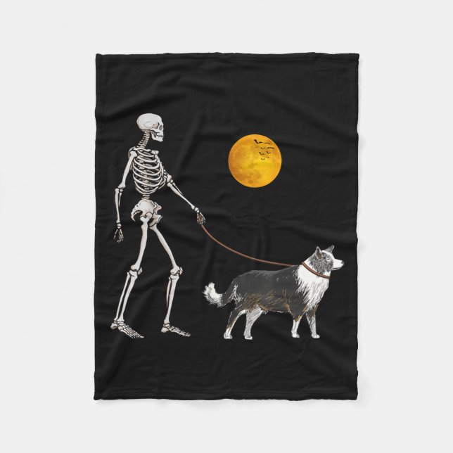 Border Collie Skeleton Dog Walking Halloween Fleece Blanket (Front)