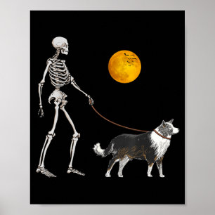 Border Collie Skeleton Dog Walking Halloween Poster