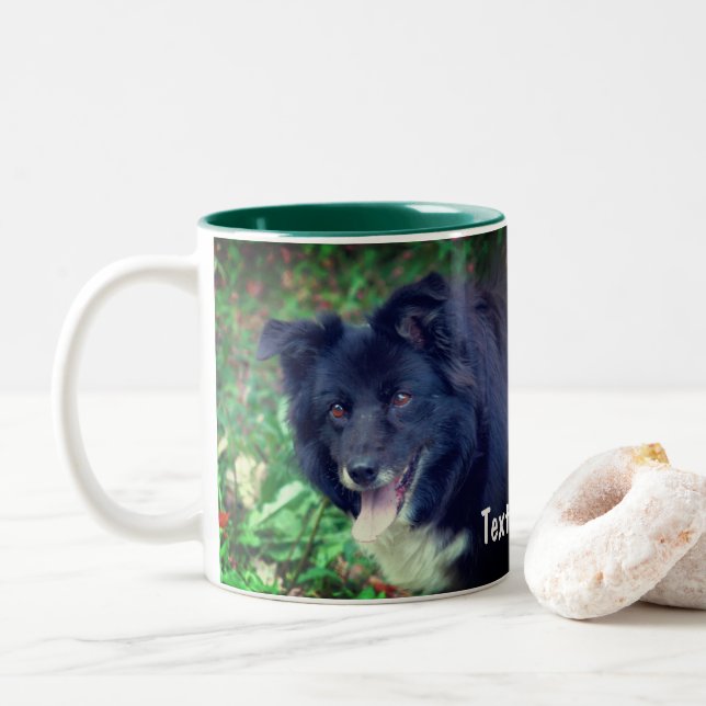 Border Collie Smiling Cute Personalised Two-Tone Coffee Mug (With Donut)
