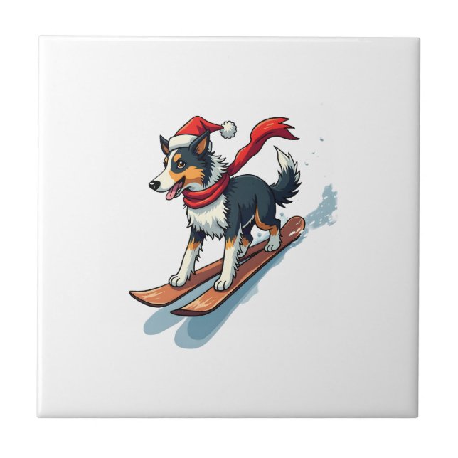 Border Collie Snowboarder Ceramic Tile (Front)