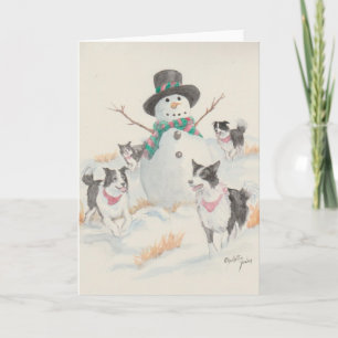 Border Collie Snowman Party Dog Art Greeting Card