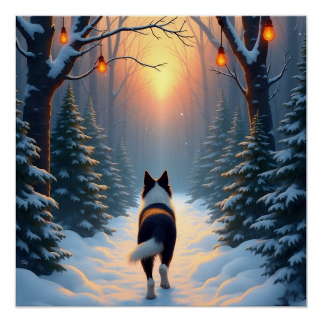 Border Collie Snowy Forest Walk Holiday Painting Poster (Front)