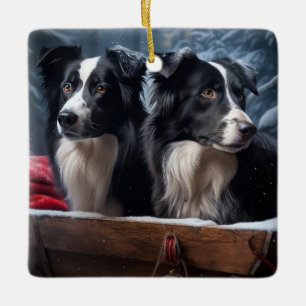 Border Collie Snowy Sleigh Christmas Decor Ceramic Ornament