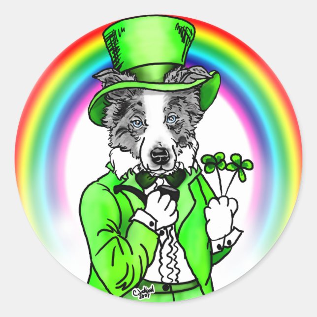 Border Collie St Patrick's Day Classic Round Sticker (Front)