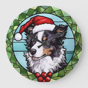 Border Collie Stained Glass Christmas Large Clock