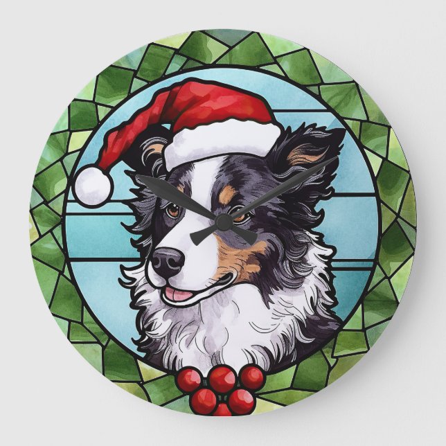 Border Collie Stained Glass Christmas Large Clock (Front)