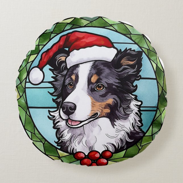 Border Collie Stained Glass Christmas Round Cushion (Front)