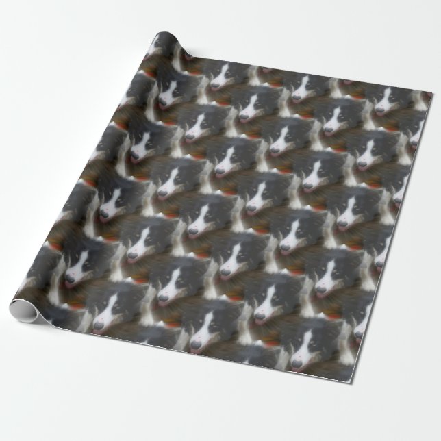 Border Collie Stare Dog Pattern   Wrapping Paper (Unrolled)