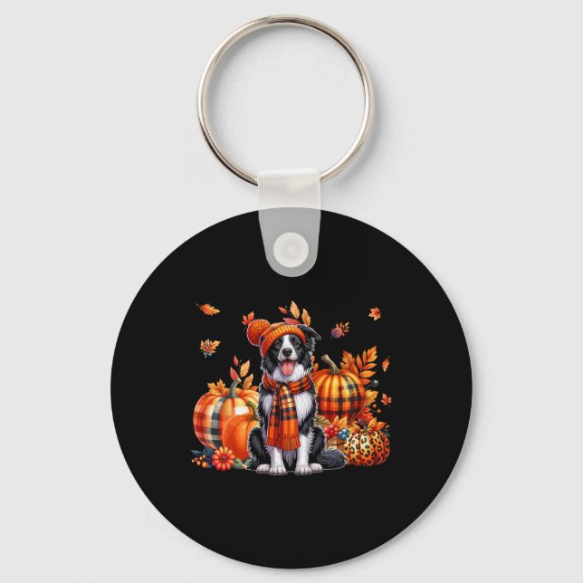 Border Collie Thanksgiving Leopard Pumpkins Fall L Key Ring (Front)