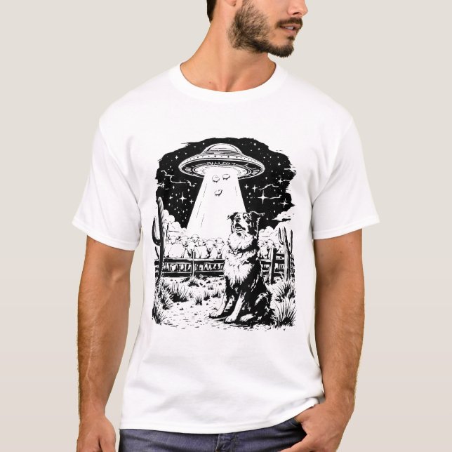  Border Collie Ufo 90S Alien Western Cowboy  T-Shirt (Front)