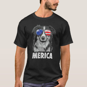 Border Collie Us Flag Glasses July 4th Patriot Dog T-Shirt