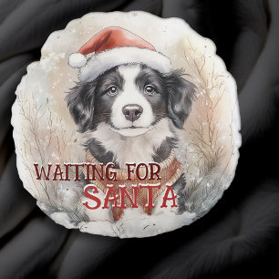 Border Collie Waiting For Santa Dog Watercolor Round Cushion