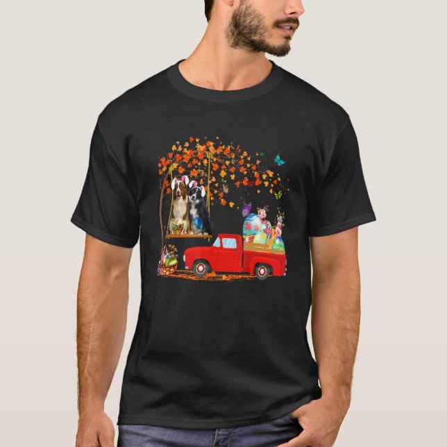 Border Collie Wearing Bunny Ear Red Truck With Egg T-Shirt (Front)