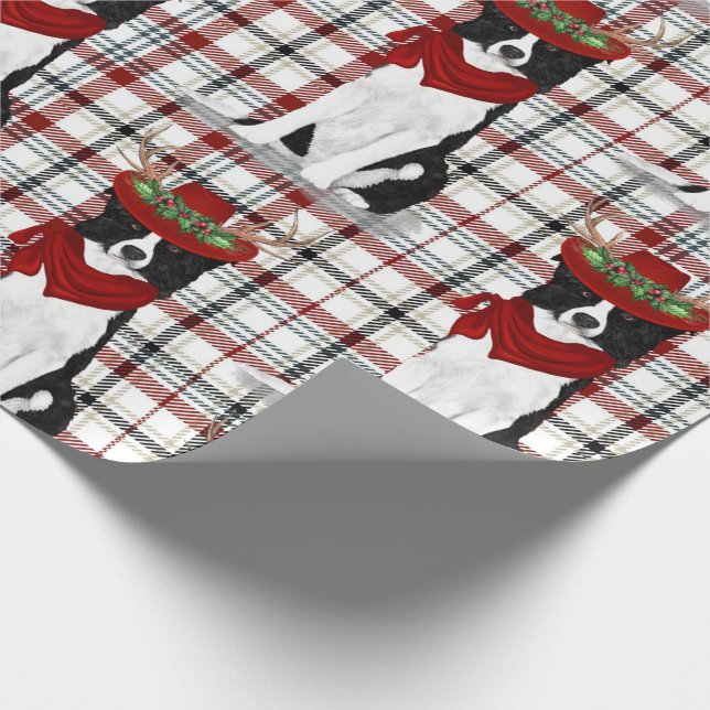 Border Collie Western Holiday Plaid Christmas Wrapping Paper (Corner)
