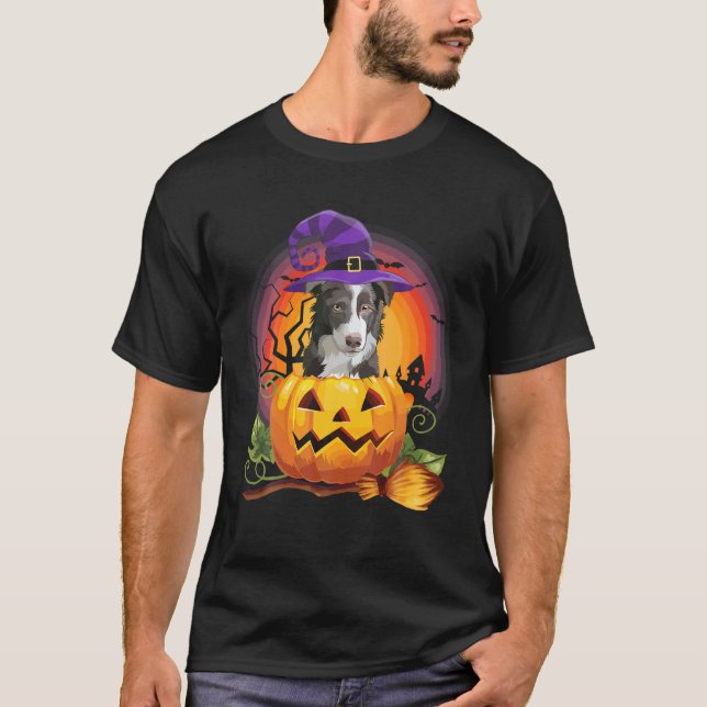 Border Collie Witch Pumpkin Halloween Dog Lover T-Shirt (Front)
