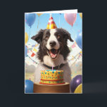 Border Collie with Birthday Cake Birthday Card<br><div class="desc">This isn't just any birthday card - it's a tail-wagging, cake-loving, party-starting extravaganza. Front and center is a Border Collie Cross dog, eyes shining like birthday candles, sitting next to a cake that's so beautifully decorated, it could win a bake-off. The card's colors are as vibrant as a dog park...</div>
