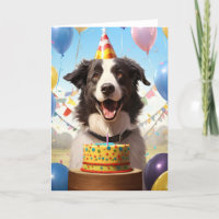 Border Collie with Birthday Cake Birthday Card