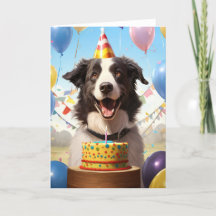 Border Collie with Birthday Cake Birthday Card