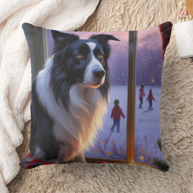 Border Collie With Christmas Lights Holiday Cushion (Blanket)