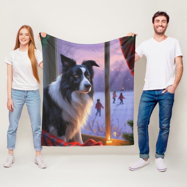 Border Collie With Christmas Lights Holiday Fleece Blanket (In Situ)