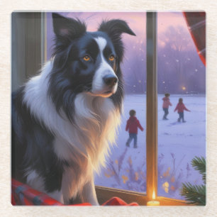 Border Collie With Christmas Lights Holiday Glass Coaster