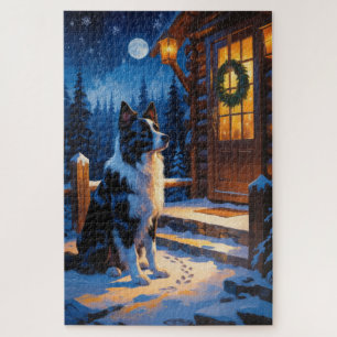 Border Collie With Christmas Lights Holiday Jigsaw Puzzle