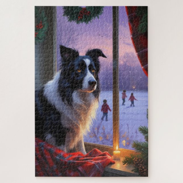 Border Collie With Christmas Lights Holiday Jigsaw Puzzle (Vertical)