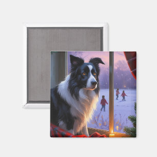 Border Collie With Christmas Lights Holiday Magnet