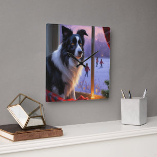 Border Collie With Christmas Lights Holiday Square Wall Clock