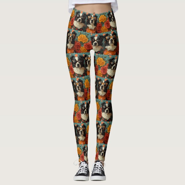 Border Collie With Heart Roses Valentine's Day Leggings (Front)