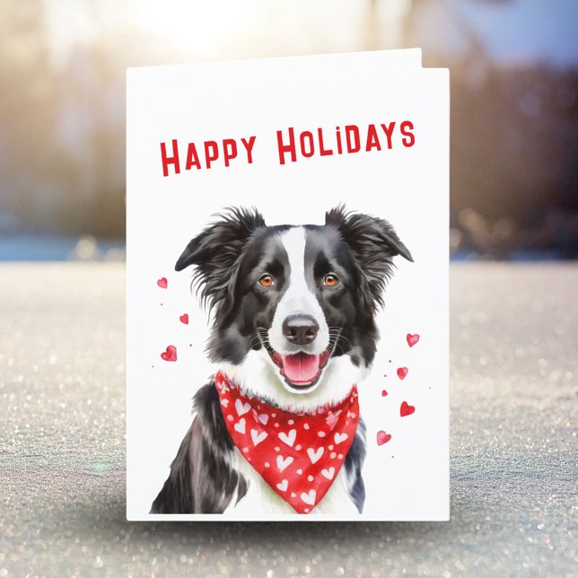 Border Collie with Red Heart Bandanna Christmas Holiday Card (Creator Uploaded)
